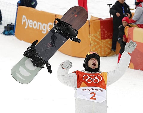 Shaun White, of the United States, celebrates winning gold after his run during the men's halfpipe finals at Phoenix Snow Park at the 2018 Winter Olympics. (File | AP)