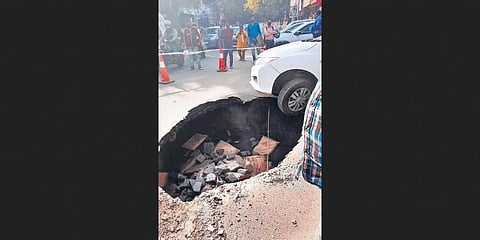 The cave in on a busy route connecting Kalkaji, CR Park and Nehru Place, is  another addition to the list of roads that caved in
