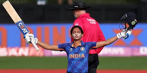 Indian batter Harmanpreet Kaur celebrates after scoring a century against West Indies in the ICC Women's World Cup. (Photo | AFP)