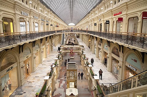 Small number of visitors walk inside the GUM department store in Moscow, in Moscow, Russia, Friday, March 4, 2022. (Photo | AP)