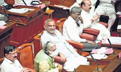 Chief Minister Basavaraj Bommai, along with ministers Kota Shrinivas Poojary,  J C Madhuswamy, Govind Karjol and Araga Jnanendra, in the Council on Thursday.