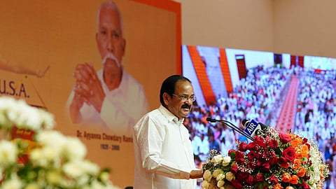 Vice President Venkaiah Naidu speaking at the Ramineni Foundation's Pratibha Puraskarams event, March 1, 2022. (Photo | Twitter, VPSecretariat)