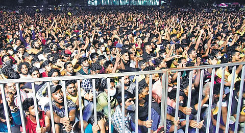 It was a sea of yellow at the Jawaharlal Nehru Stadium in Kaloor on Sunday as thousands of fans turned up for the screening of the ISL final between Kerala Blasters and Hyderabad FC on Sunday  | Albin