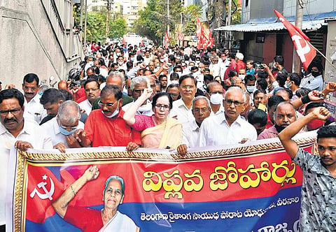 CPI (M) leaders take out a procession to  pay tributes to deceased freedom fighter