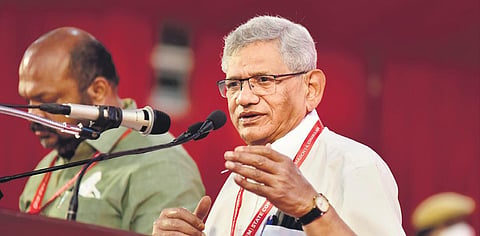 CPM general secretary Sitaram Yechury delivering the inaugural address at the party's 4-day Kerala state conference at Marine Drive ground in Kochi on Tuesday, March 1, 2022. (Photo | EPS)