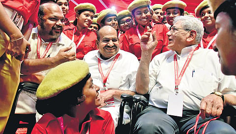 CPM general secretary Sitaram Yechury, state secretary Kodiyeri Balakrishnan and Industries Minister  P Rajeeve interact with red volunteers at the venue of the state conference | Albin Mathew