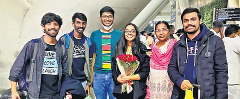 Christie Swarna (third from right) of Chittoor district reached India from Ukraine on Friday, March 4, 2022. (Photo | Express)