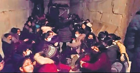 Students of Sumy State University huddled in the bunker as fresh fighting broke out in the north-eastern city on Sunday, Feb 27, 2022. (File Photo)