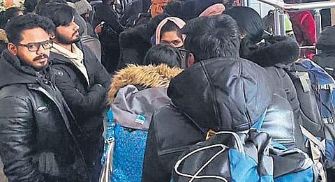Indian students of Sumy State University line up for evacuation on Monday. (Photo | EPS)