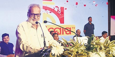 Governor Prof Ganeshi Lal at the launch of Nandighosh TV channel in Bhubaneswar on Thursday. (Photo | EPS)