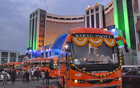 KSRTC-Swift long distance services of the KSRTC at Thampanoor bus station in Thiruvananthapuram. (Photo | B P Deepu, EPS)