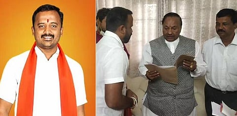 Santosh Patil meeting Minister K S Eshwarappa recently. (Photo | Special Arrangement)