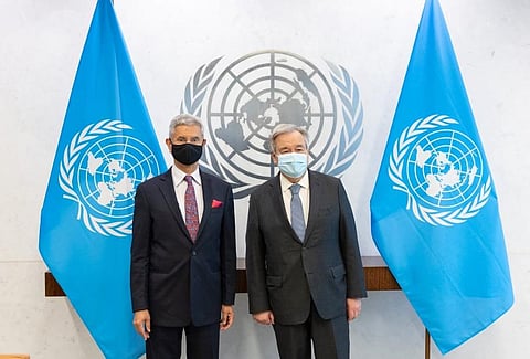 External Affairs Minister S Jaishankar and UN Secretary-General Antonio Guterres. (Photo | Twitter,@DrSJaishankar)