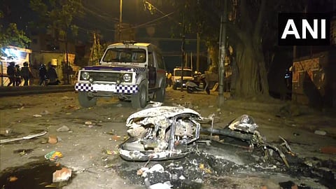 Heavy security deployed in the Jahangirpuri area after a clash between two groups on Saturday. (Photo | ANI Twitter)