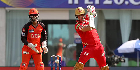Punjab Kings batter Liam Livingstone plays a shot during an IPL 2022 match against Sunrisers Hyderabad, at Dr DY Patil Stadium in Navi Mumbai. (Photo| ANI)