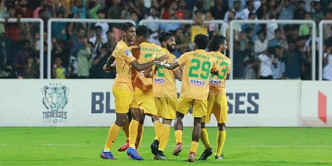 Kerala football team celebrates after winning the Santosh trophy match against West Bengal. (Photo| Special Arrangement)
