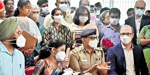 City corporation Commissioner Gagandeep Singh Bedi, Mayor R Priya and  police Commissioner Shankar Jaiwal in Chennai on Friday | P Jawahar