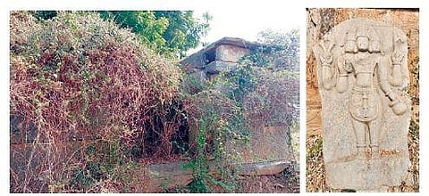 The temple covered by shrubs and one of the rare sculptures found there