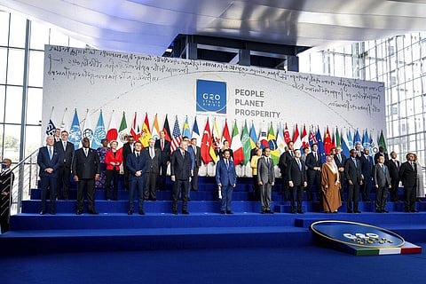 President Joe Biden, bottom left, poses with other leaders for the family photo of the G20 summit at the La Nuvola conference center, in Rome(File photo | AP)