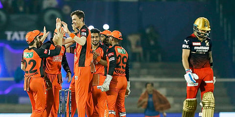 Sunrisers Hyderabad's Marco Jansen celbrate the wicket of Royal Challengers Bangalore's Virat Kohli during an IPL 15 match at the Brabourne Stadium in Mumbai. (Photo| PTI)