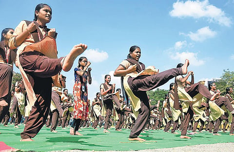Students seen performing martial arts during Mission Sahasi organised by ABVP at Government Music College in Vijayawada  in this file photo.  (P Ravindra Babu)