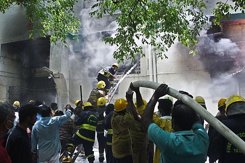A major fire broke out at the Bradfield Surgical Block in the Rajiv Gandhi Government General Hospital (RGGGH) in Chennai on Wednesday morning. (Photo | Ashwin Prasath, EPS)
