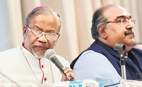 Archbishop of Bangalore Dr Peter Machado and Clarence High School Principal Jerry George Mathews address the media at the school auditorium on Thursday | Express