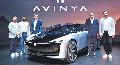 (L-R) Anand Kulkarni, V-P, Product Line & Ops; Vivek Srivatsa, head-marketing, sales, TPEM; Martin Uhlarik, design head, Tata Motors; N Chandrasekaran, Chairman, Tata Sons. ( File Photo)