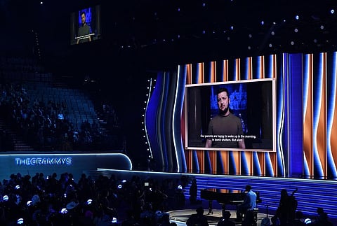 President of Ukraine, Volodymyr Zelenskyy, speaks on screen at the 64th Annual Grammy Awards (Photo | AP)