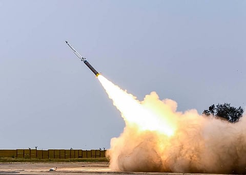 Defence Research and Development Organisation (DRDO) conducts a successful flight test of Solid Fuel Ducted Ramjet (SFDR) booster, at the Integrated Test Range (ITR) in Chandipur.  (Photo | Twitter)