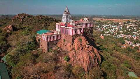 Vedhagireeshwarar temple on top of the hill in Tirukalukundram, Tamil Nadu. (Photo | Harrish Kumar S B)