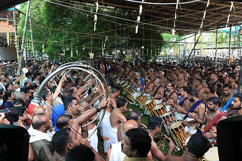 Elanjithara Melam led by Peruvanam Kuttan Marar for Paramekkavu Bhagavathi held inside Sree Vadakkumnathan temple during Thrissur pooram on Tuesday.