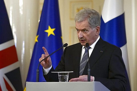 Finland's President Sauli Niinisto makes a point during a joint press conference with British Prime Minister Boris Johnson, at the Presidential Palace in Helsinki, Finland(Photo | AP)