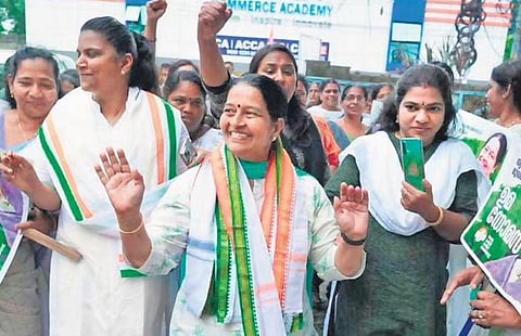 UDF candidate Uma Thomas addressing women party workers at a convention at Alinchuvadu, Palarivattom, on Wednesday | Express