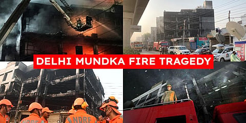 Several people were reported missing after a massive fire broke out in a four-storey building near Mundka metro station in Delhi on Friday evening. Over 25 bodies have been recovered from the building and twelve people have been injured in the accident. (Photo | AP and PTI)