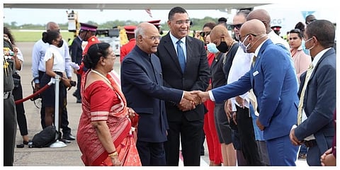 President Ram Nath Kovind arrives in Jamaica. (Photo | Twitter/ @AndrewHolnessJM)