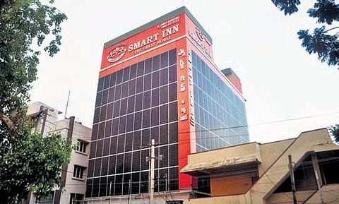 Solar panels used on front and side elevation look like glass panels in the  five-storied building near Gurudwara Junction in Visakhapatnam. ( Photo | EPS, G satyanarayana)