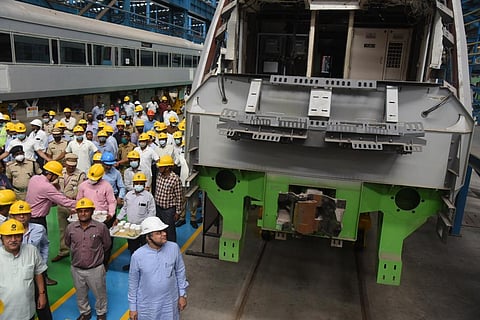 Ashwini Vaishnaw,  Union Minister of Railways, Communication and Electronics & Information Technology visited intergal coach factory, in Chennai on Friday. (Photo | R Sathish Babu/EPS)