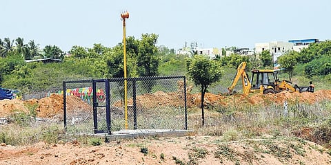 Simple approach lighting system installed at vacant land beside Tiruchy-Pudukottai NH near Tiruchy International Airport.(Photo | Express)