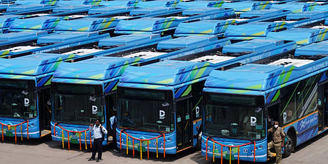 Electric buses parked at IP Extention bus depot prior to the flagging off ceremony. (Photo| Twitter)