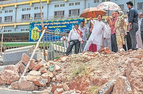 Endowments Minister K Satyanarayana inspects ongoing works at Kanaka Durga Temple atop Indrakeeladri in Vijayawada on Tuesday | Prasant Madugula