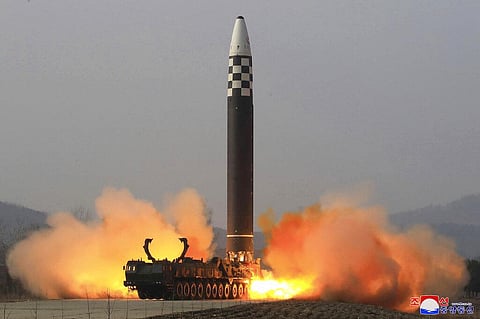 This photo distributed by the North Korean government shows what it says a test-fire of a Hwasong-17 intercontinental ballistic missile. (Photo | AP)