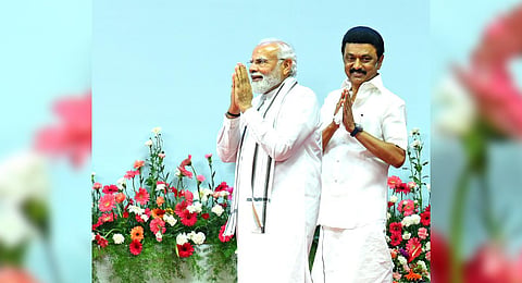 PM Narendra Modi and CM MK Stalin at the Nehru Indoor Stadium in Chennai. (Photo | Shiba Prasad Sahu, EPS)