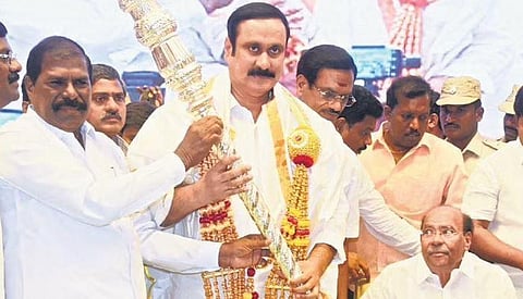 PMK president Anbumani Ramadoss with his predecessor GK Mani and party founder S Ramadoss in Thiruverkadu, near Chennai, on Saturday | R Satish Babu