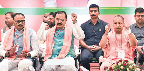 Uttar Pradesh Chief Minister Yogi Adityanath with Deputy Chief Ministers Brajesh Pathak and KP Maurya during the BJP state working committee meeting, in Lucknow on Sunday | PTI