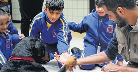 A canine therapy dog with  children with special needs