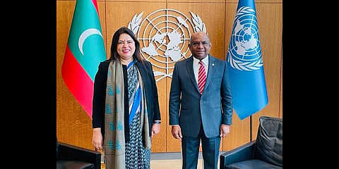 Minister of State for External Affairs Meenakshi Lekhi  with President of UN General Assembly  Abdulla Shahid.(Photo | Twitter)