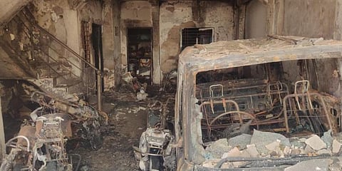 The fire that broke out charred the double-storeyed residential building. (Photo | Special Arrangement)