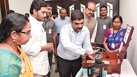 CM YS Jagan Mohan Reddy inspects seed testing kits for Rythu Bharosa centres  at CM’s camp office in Tadepalli near Vijayawada on Thursday . ( Photo | EPS)