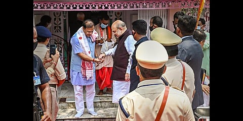 Union Home Minister Amit Shah with Assam CM Himanta Biswa Sarma visits Kamakhya Temple at Thakuranbari, Mankachar.(Photo | PTI)